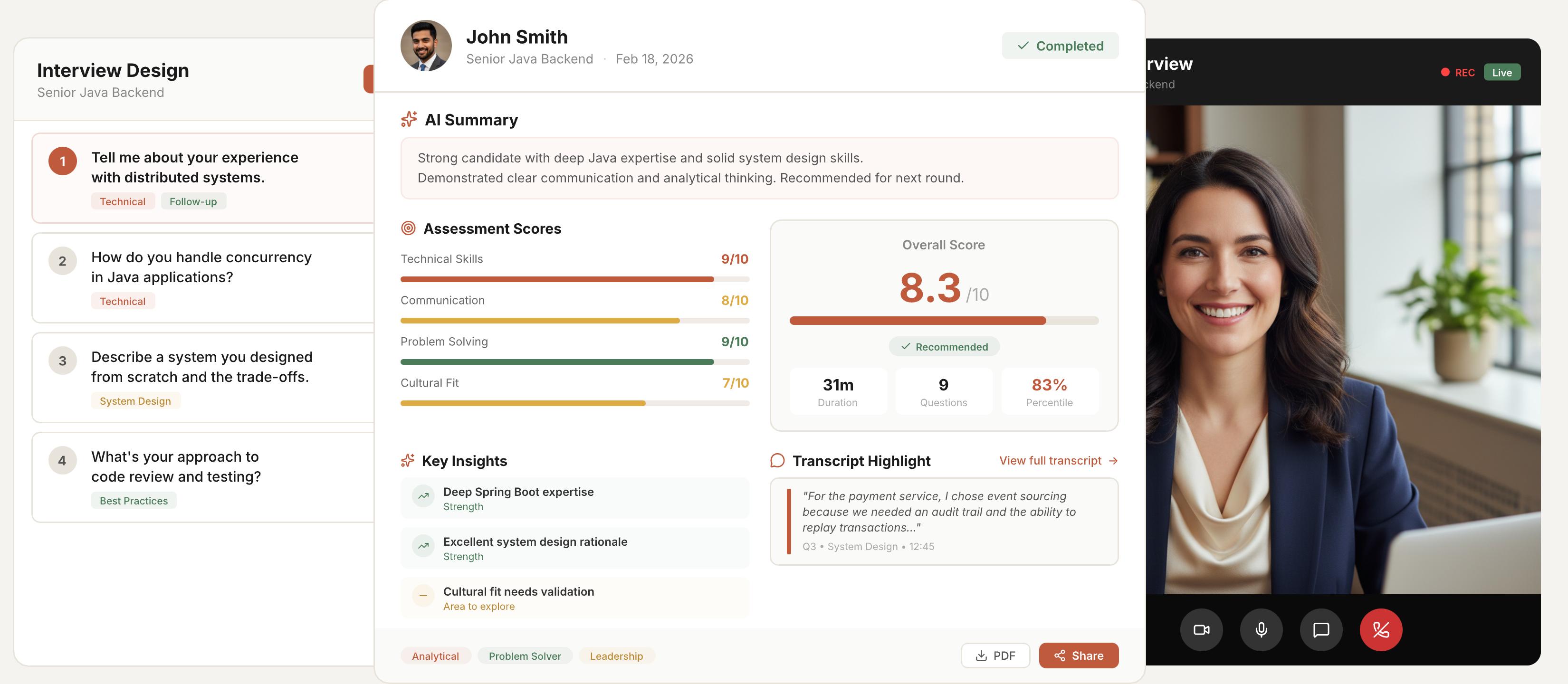 Delve platform — Interview Design, AI Report, and Video Interview panels